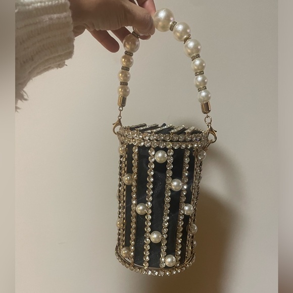 Metallic Cage Evening Bag with Pearls & Rhinestones Bucket Clutch Purse - Picture 2 of 14